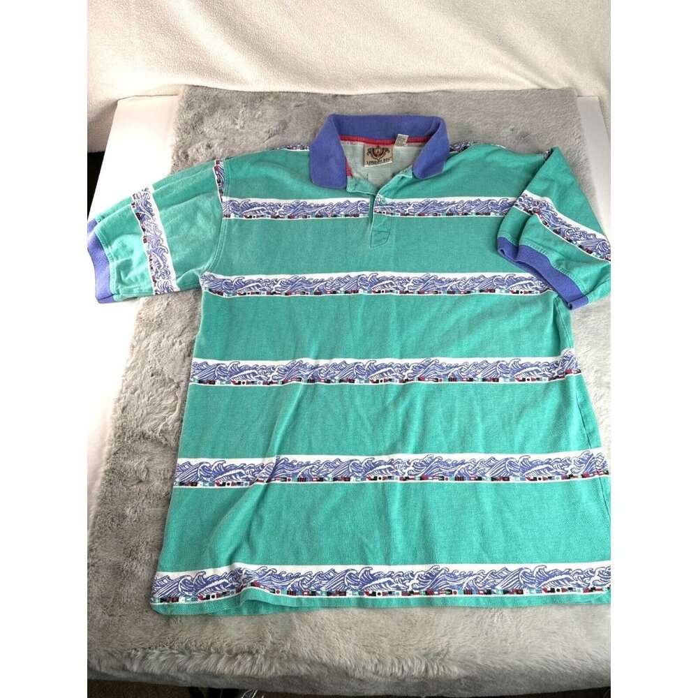 Vintage Polo Shirt Mens XL London Fog 90's Colorblock Waves Flags Teal Pique